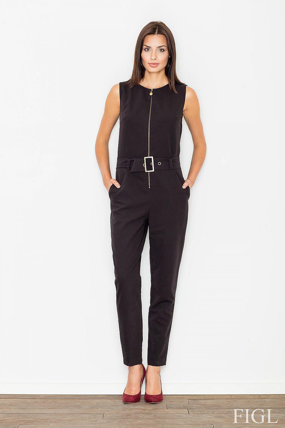 Black sleeveless jumpsuit with zip front and belt at waist, ankle-length legs