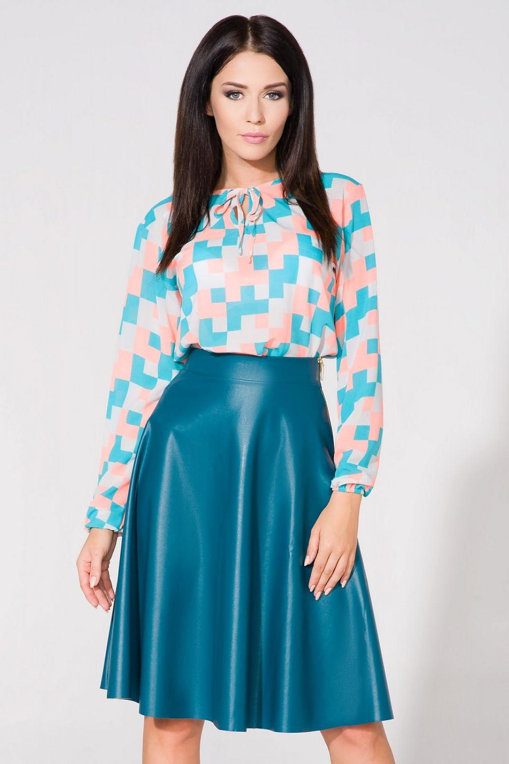 Multicolor geometric print blouse with long sleeves and high neckline