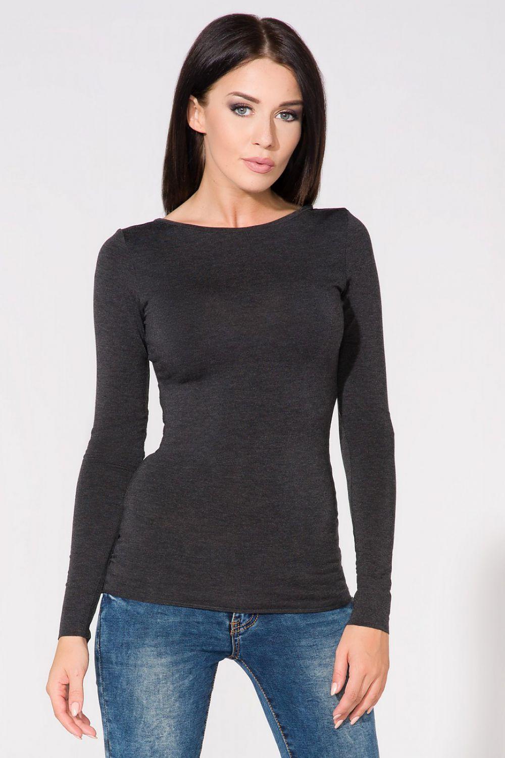 Dark grey knit blouse with long sleeves and crew neckline
