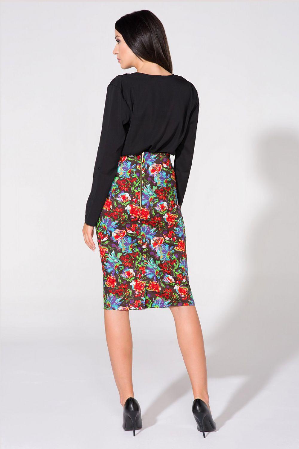 Multicolor floral straight skirt with back view waistband and knee length hem
