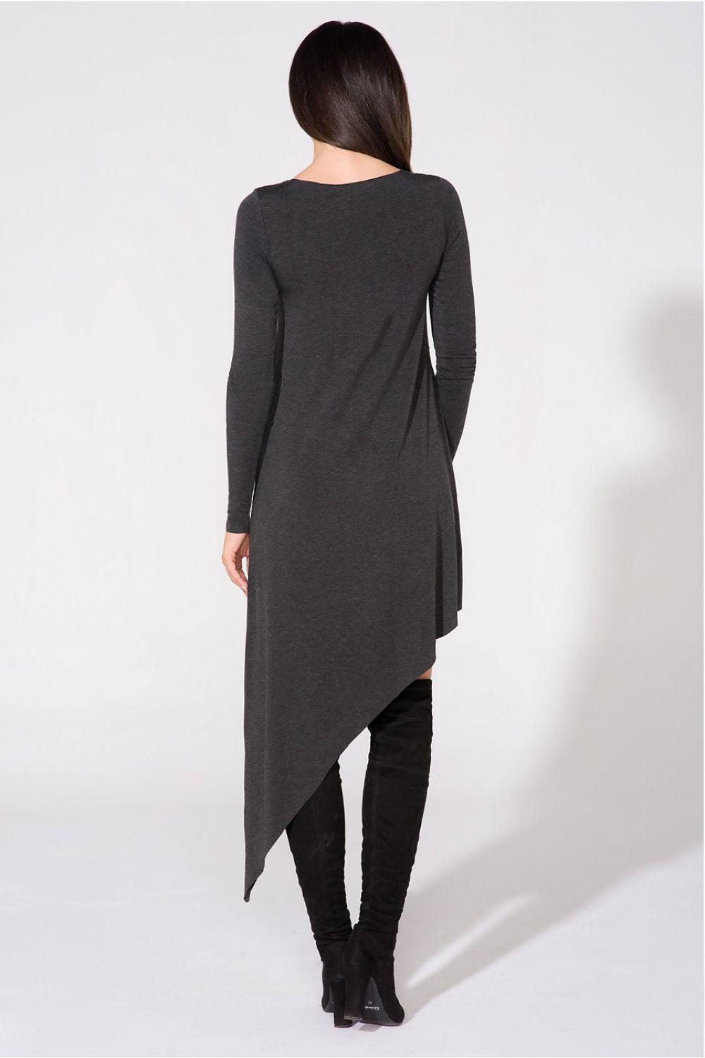 Back view grey long-sleeve evening dress with asymmetrical draped hem