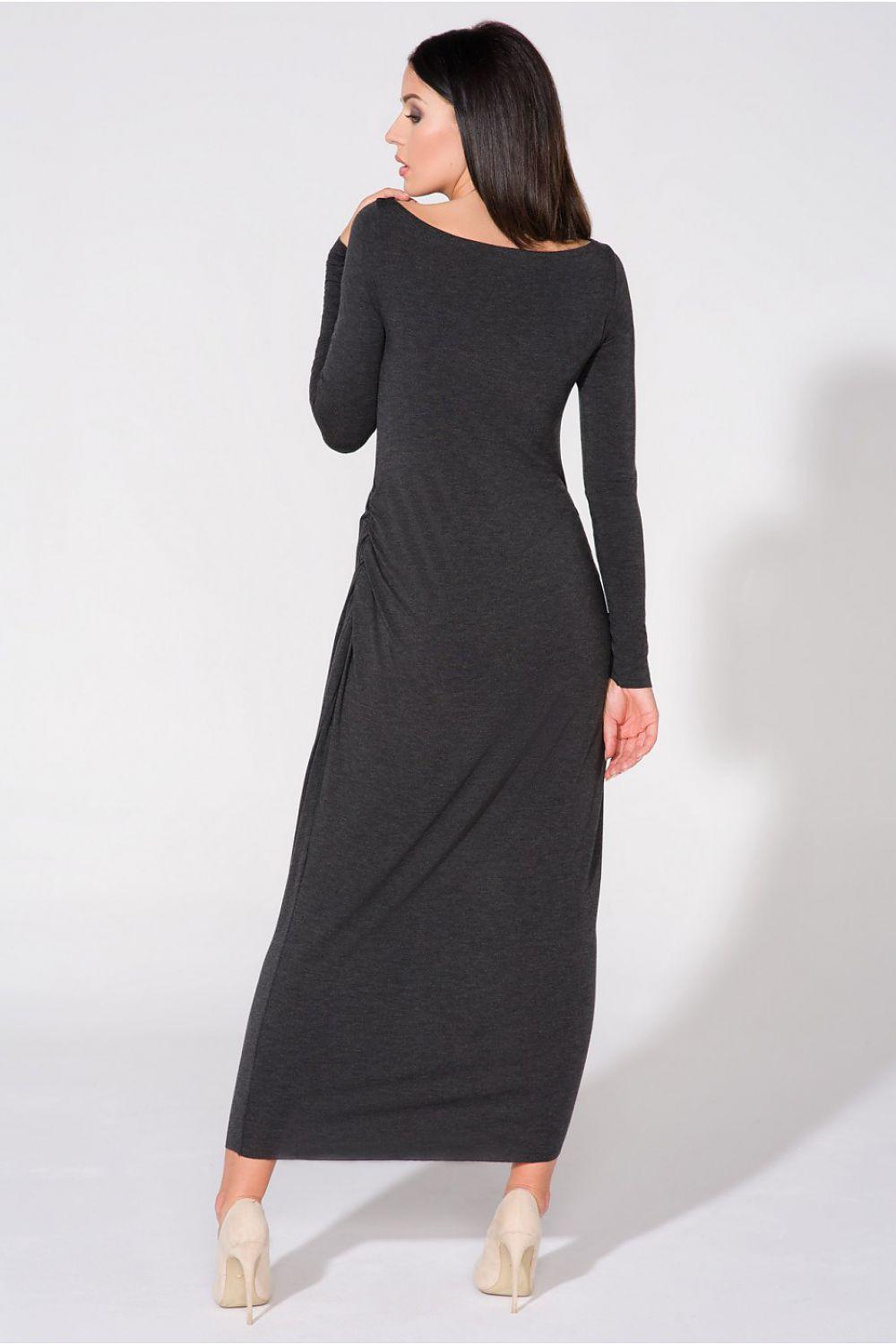 Tessita evening dress in dark grey, long sleeves, rounded back neckline, fitted midi sheath