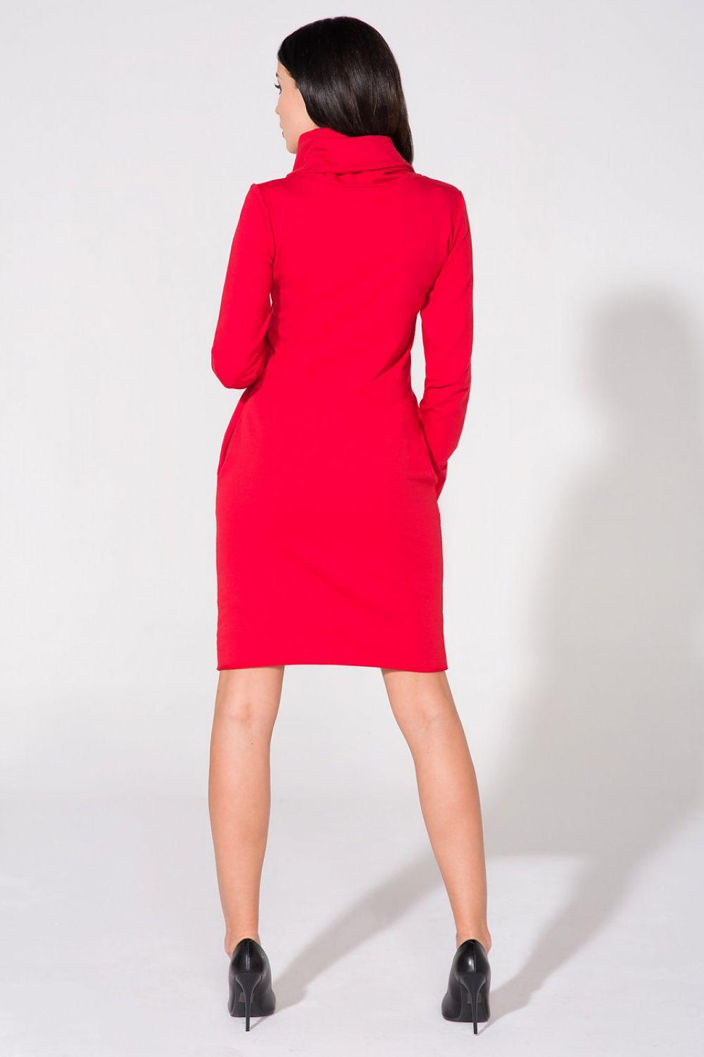 Red fitted knee-length day dress with long sleeves and high back neckline