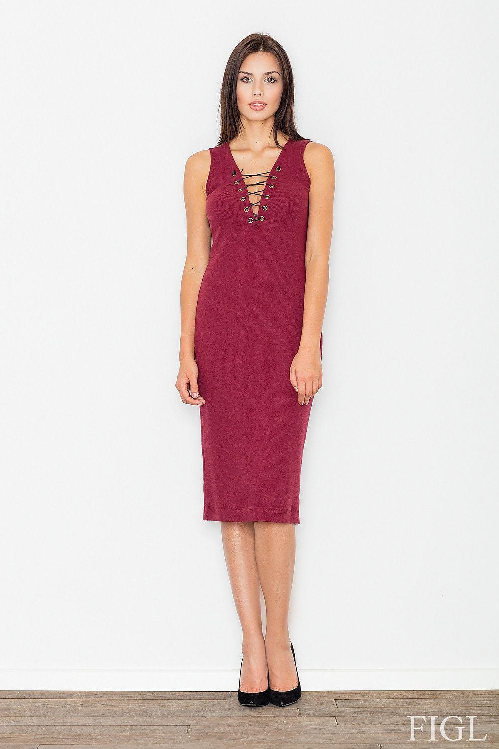 Red sleeveless evening dress with V-neck lace-up detail, fitted sheath, knee length