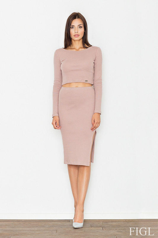 Figl two-piece set with long-sleeve crop top and pencil midi skirt, dusty pink