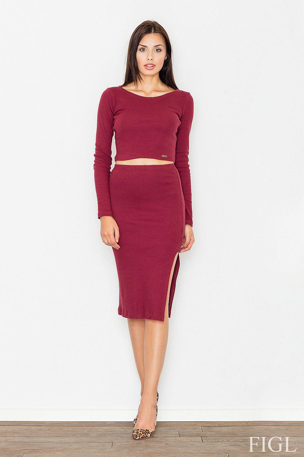 Figl two-piece set with long-sleeve crop top and pencil midi skirt, dark red