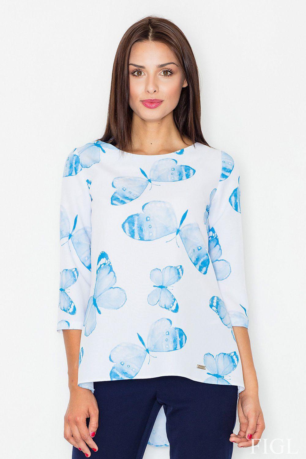 White blouse with blue butterfly print, 3/4 sleeves and round neckline