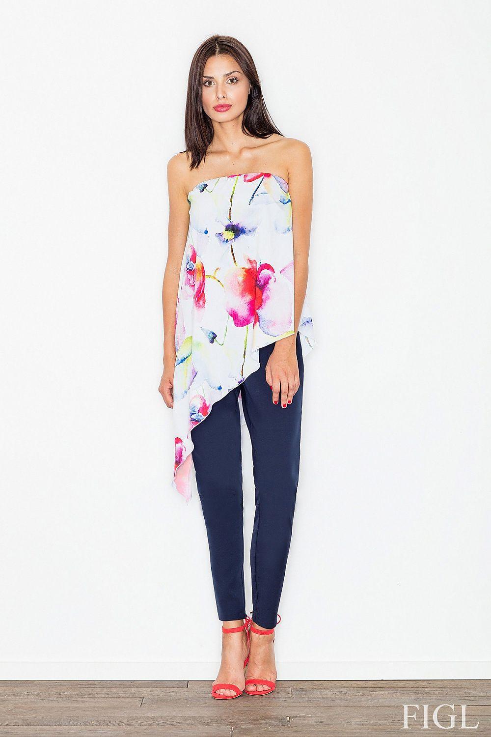 Strapless floral top and navy trousers set, Figl model 62985