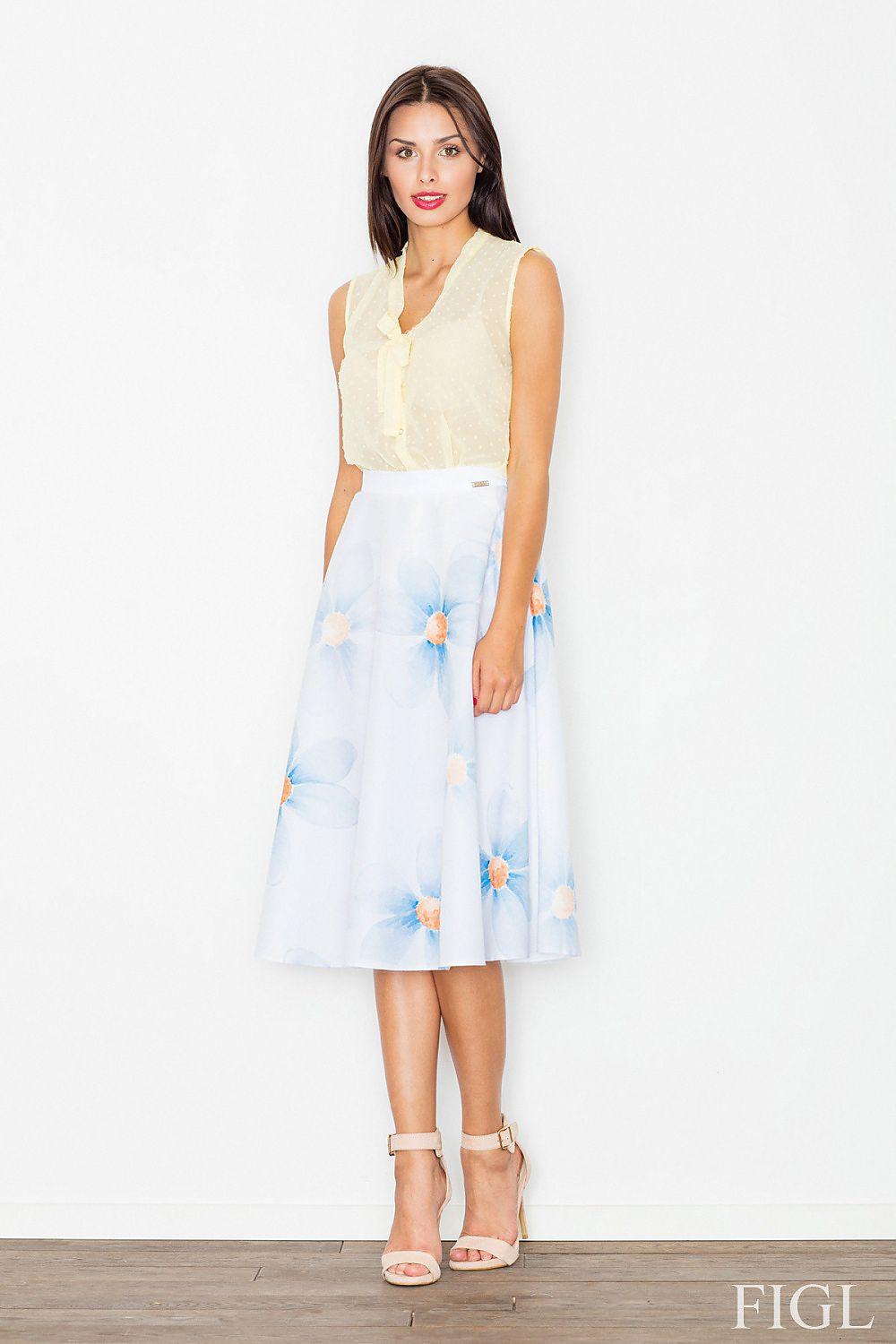 White midi skirt with light-blue floral print and gathered A-line pleats