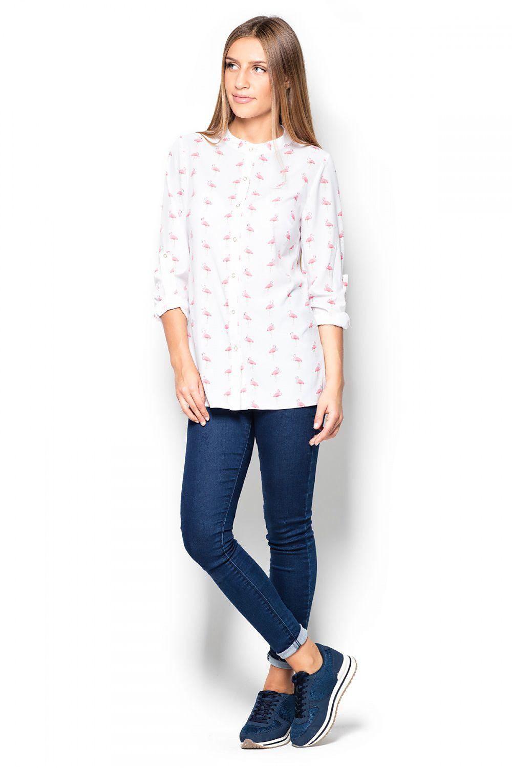 Long sleeve shirt white with allover small print, round neckline, 3/4 sleeves
