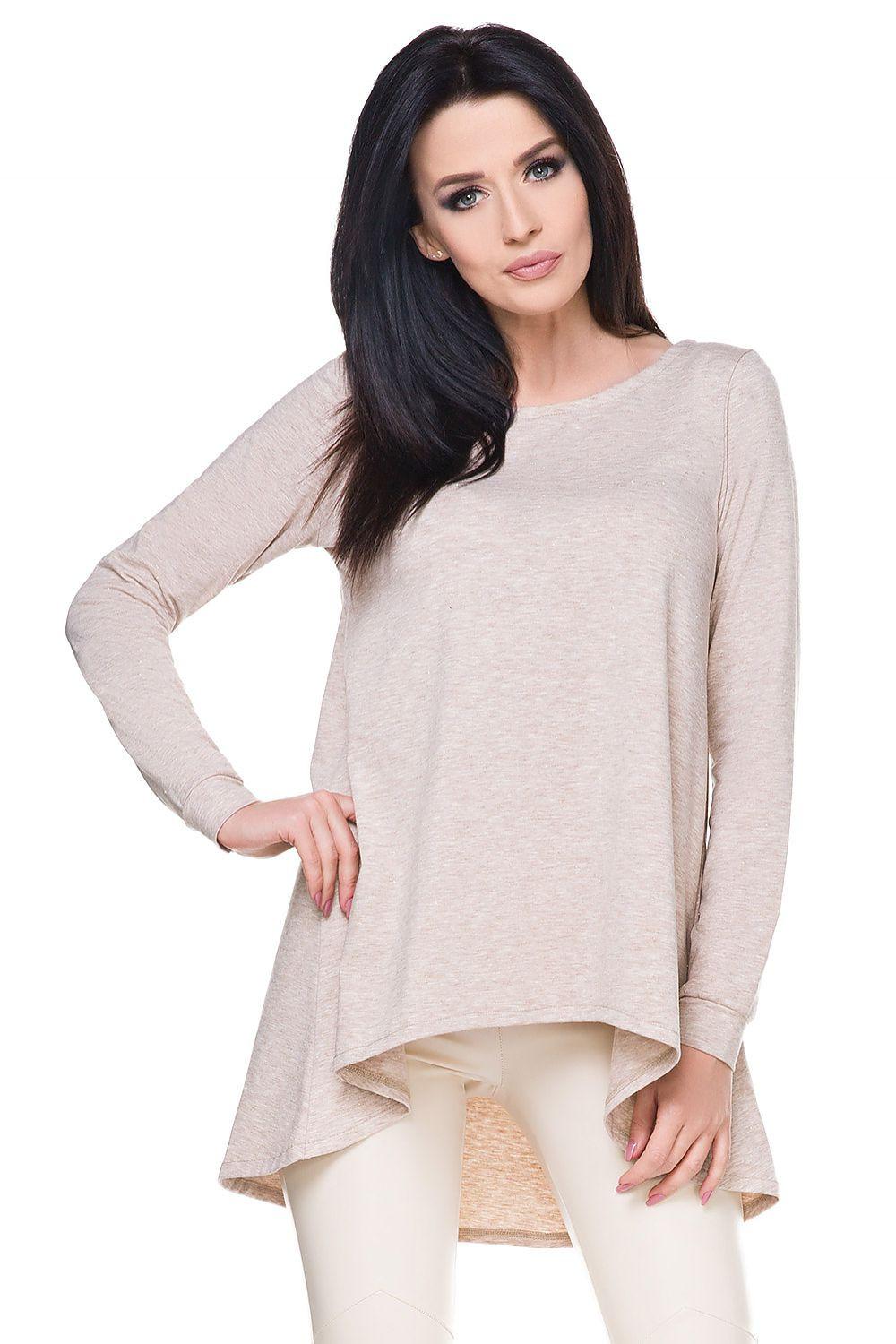 Beige loose knit tunic blouse with long sleeves and curved hem