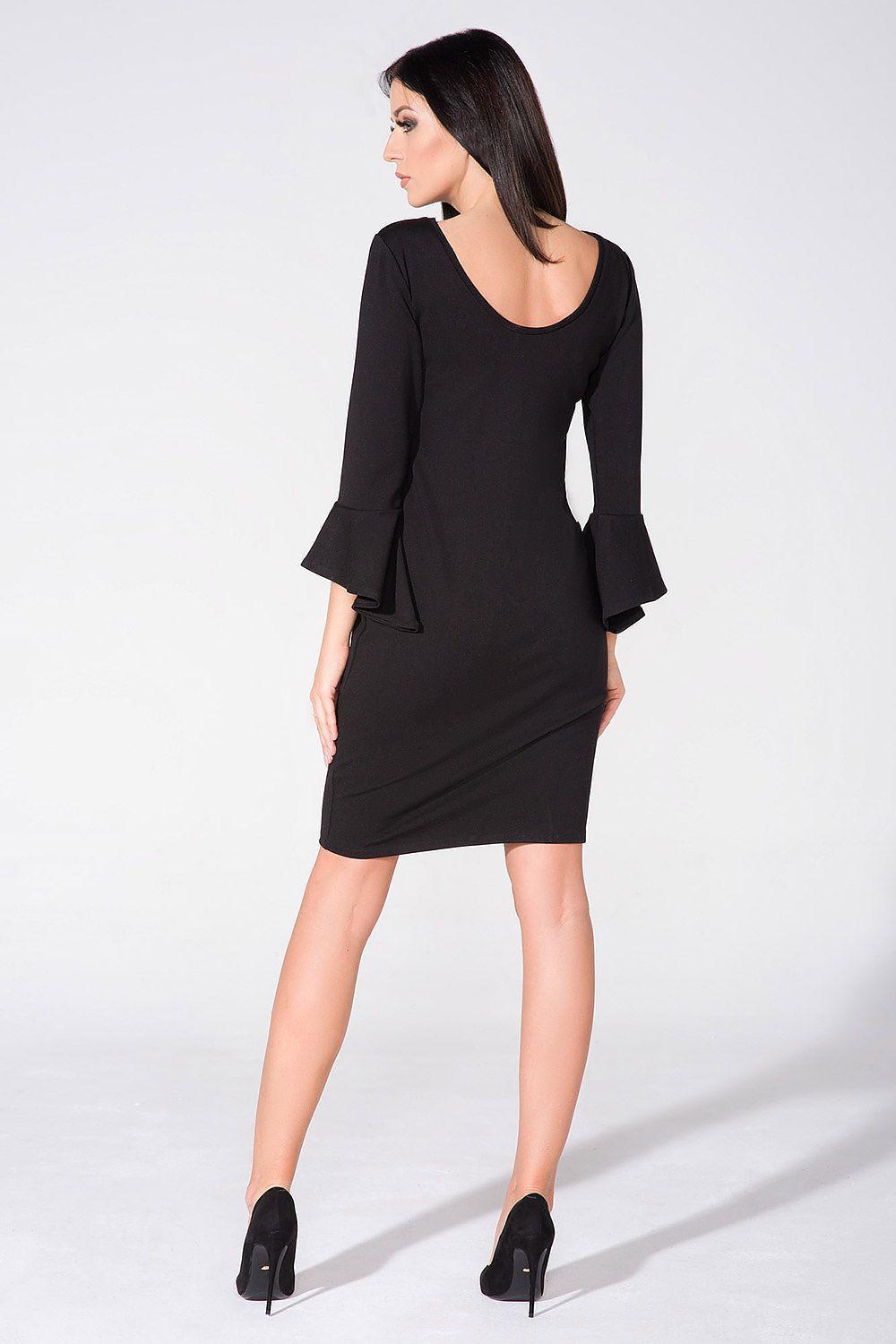 Black fitted evening dress with scoop back and flared bell sleeves, midi length