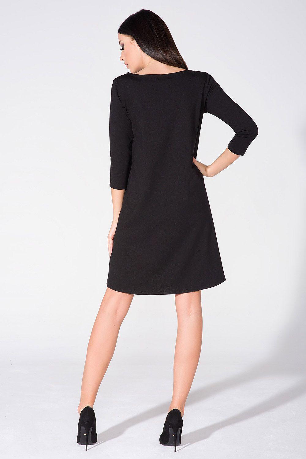 Black daydress back view with 3/4 sleeves and asymmetrical hem
