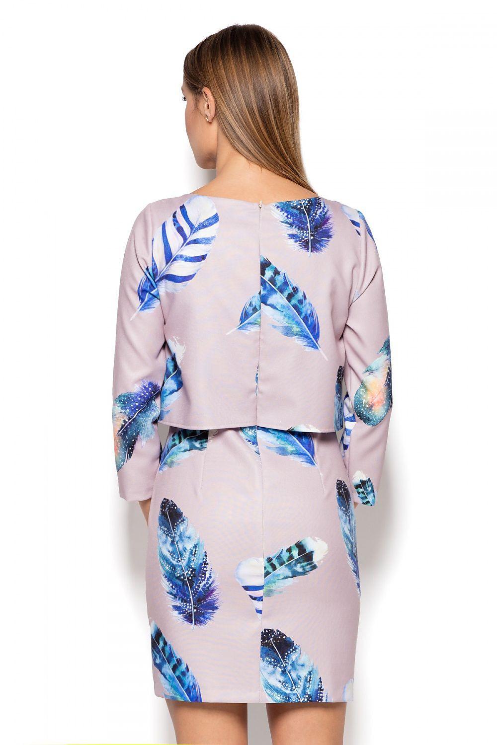 Beige daydress with blue feather print, back view with button detail