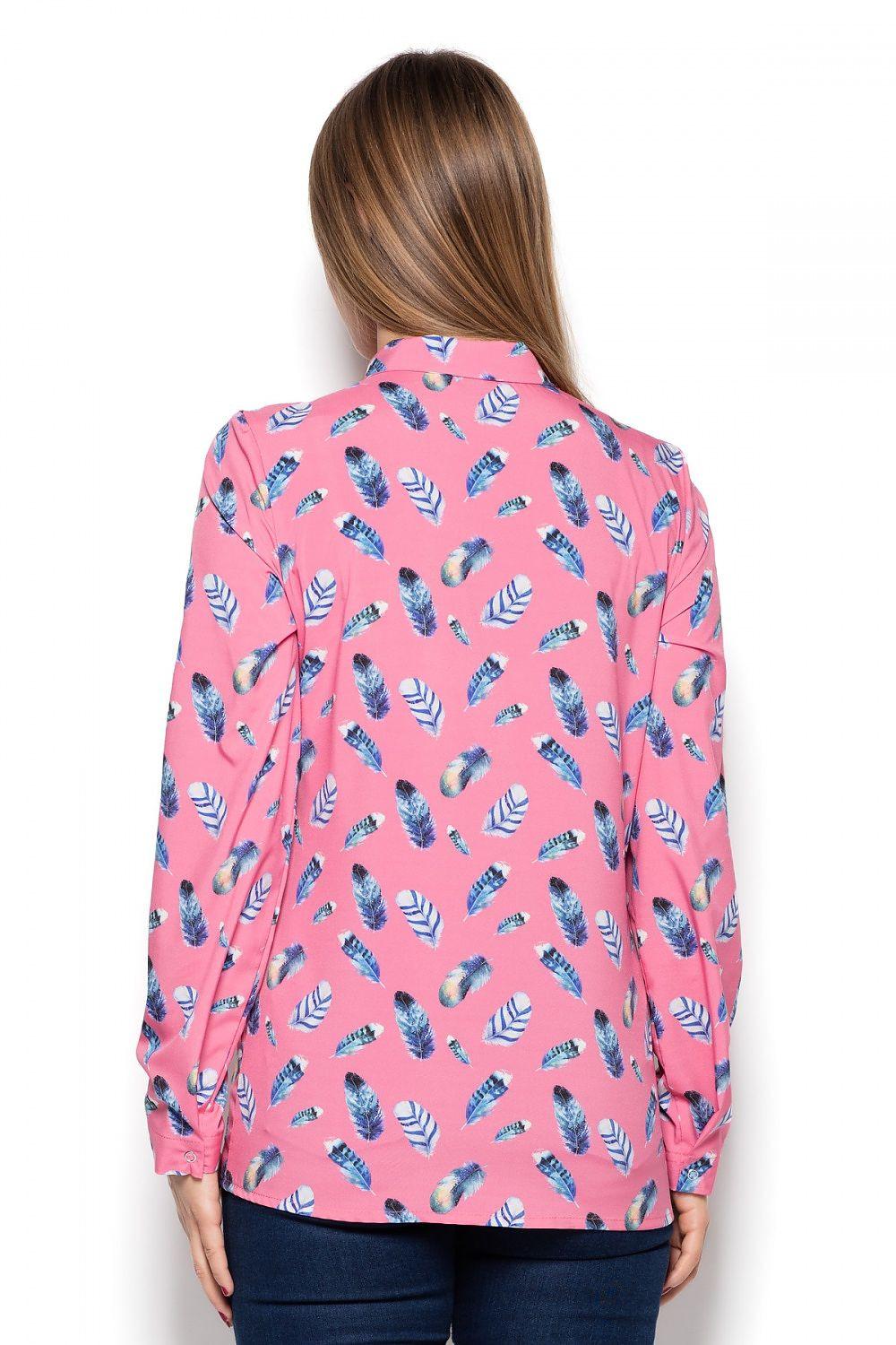 Long sleeve shirt, pink base with blue feather print, back view