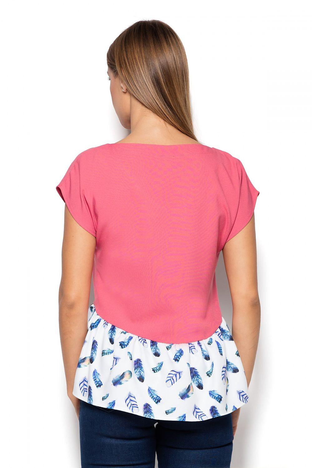 Pink blouse back view with short sleeves and patterned ruffled peplum hem
