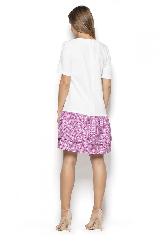 White daydress with patterned frill skirt, short sleeves, back view