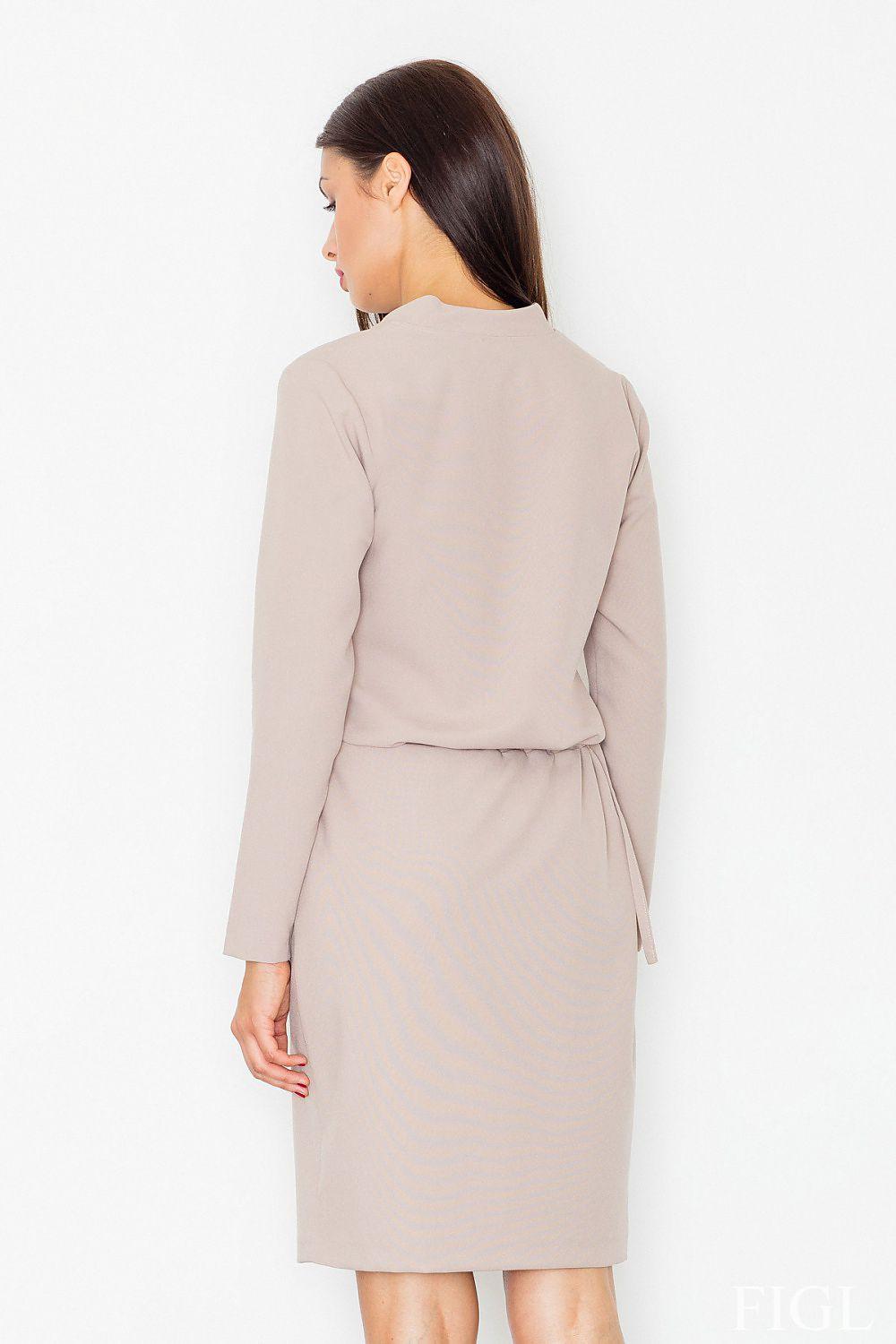 Beige daydress back view with V-neck and gathered waist tie