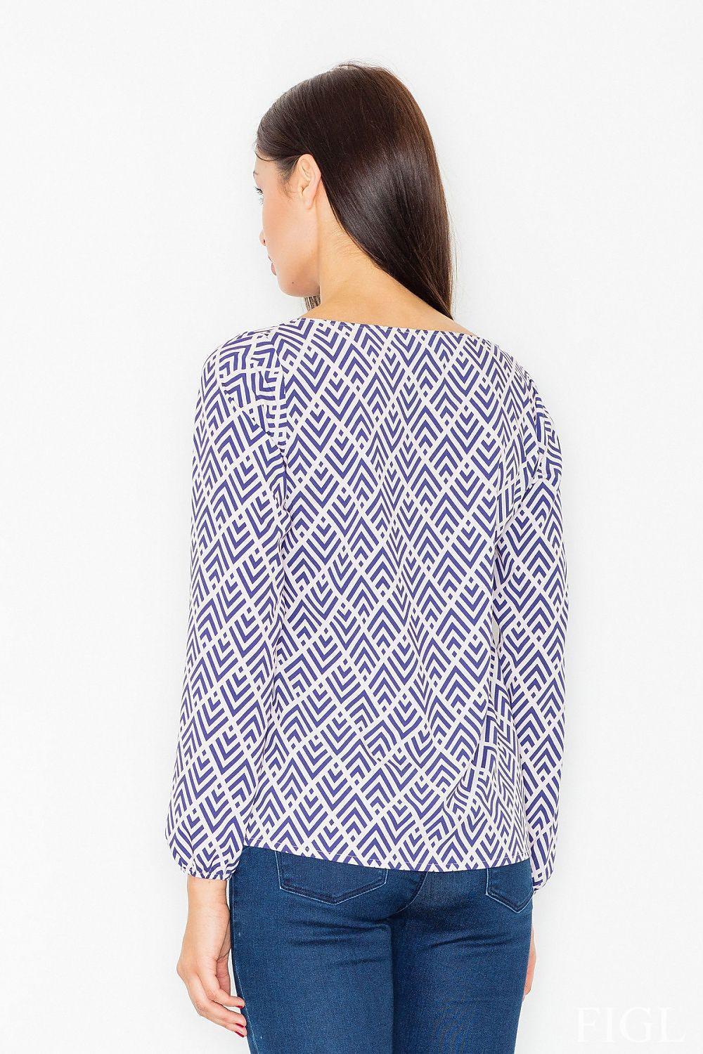 Geometric print blouse, long sleeves, back view, navy and white chevron pattern