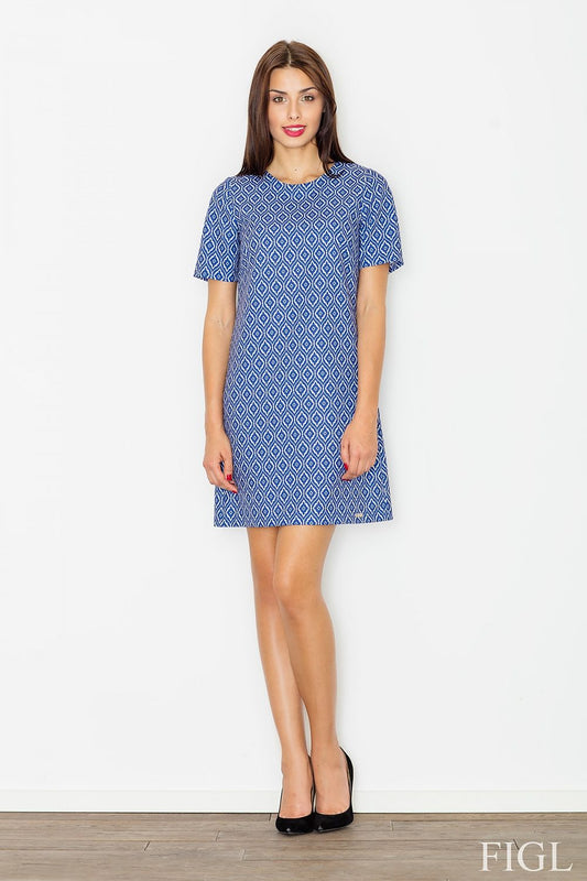Geometric print day dress with short sleeves, crew neck, above-knee blue and white pattern