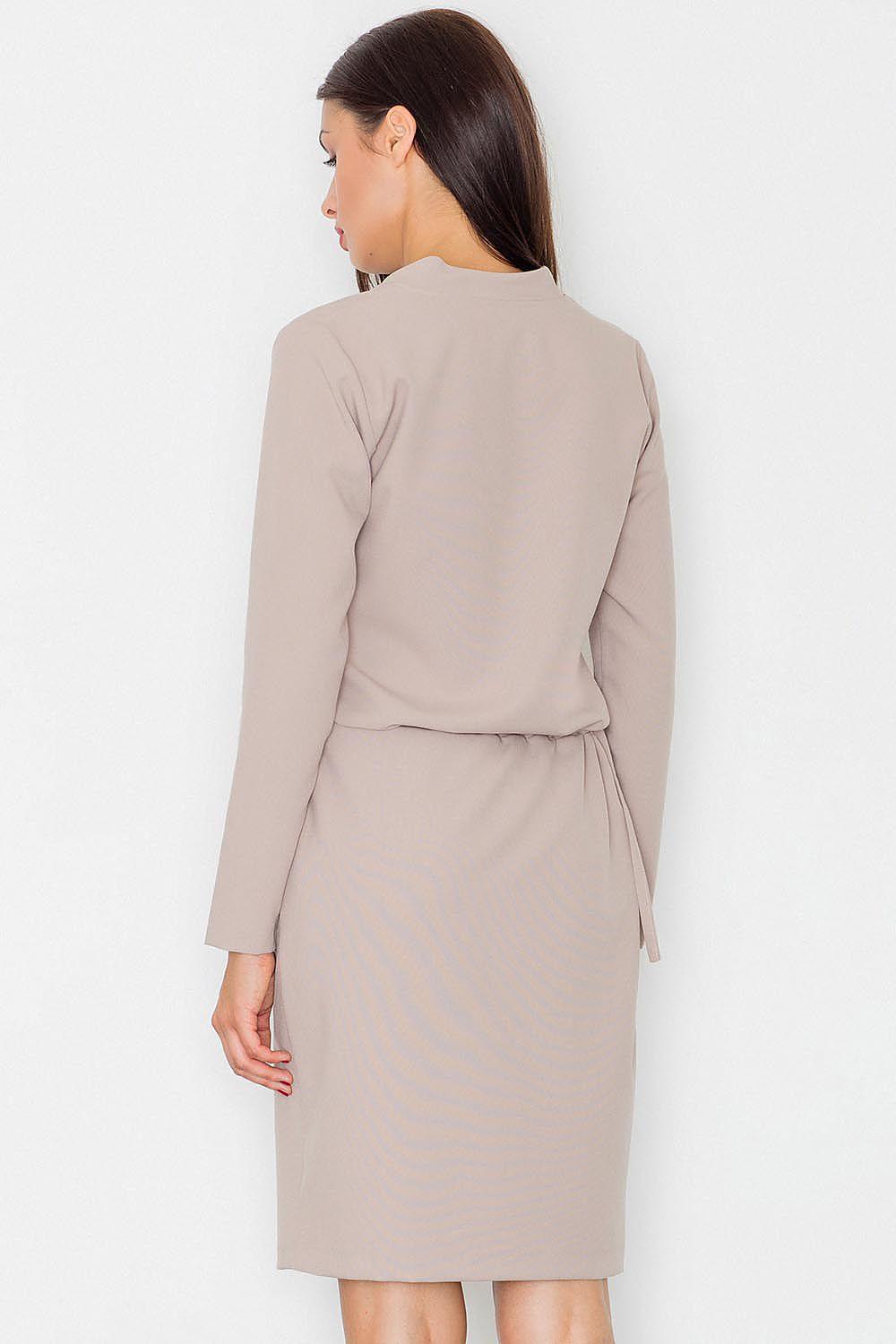 Beige day dress back view with 3/4 sleeves and tied waist belt, knee-length