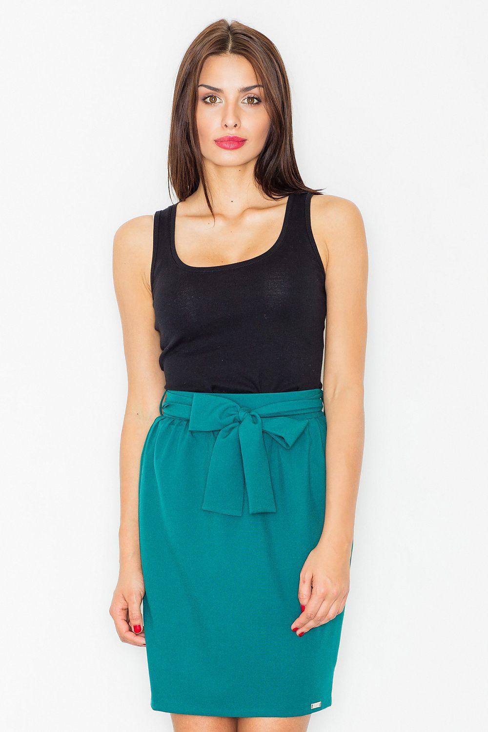 Green pencil skirt with waist tie, straight fitted silhouette