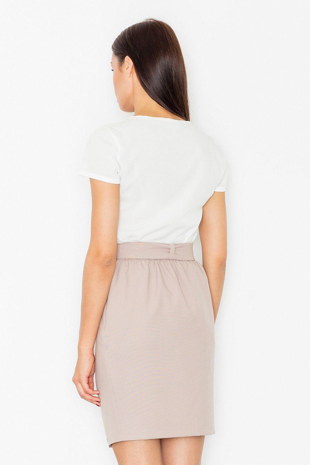 Figl 77110 beige skirt, back view, tied waist, above-knee straight cut
