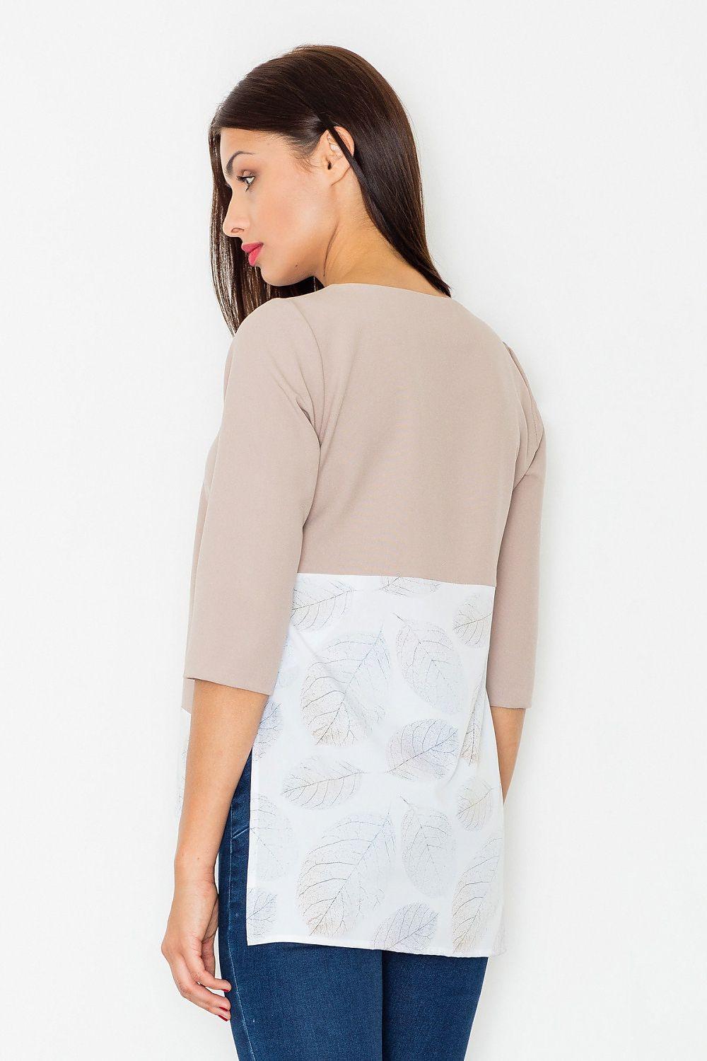 Beige 3/4 sleeve blouse with white printed contrast hem, back view