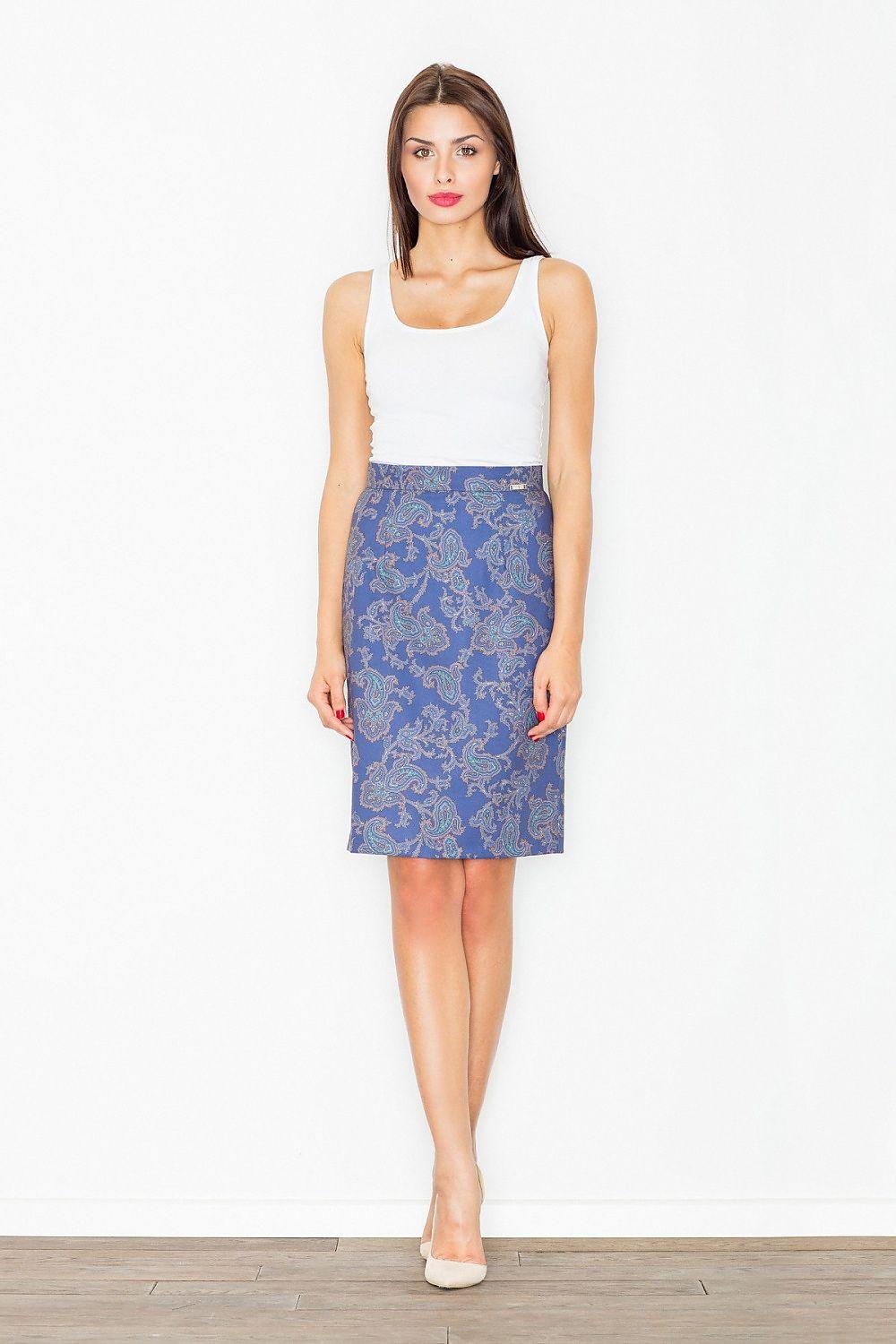 Navy blue patterned pencil skirt with straight hem