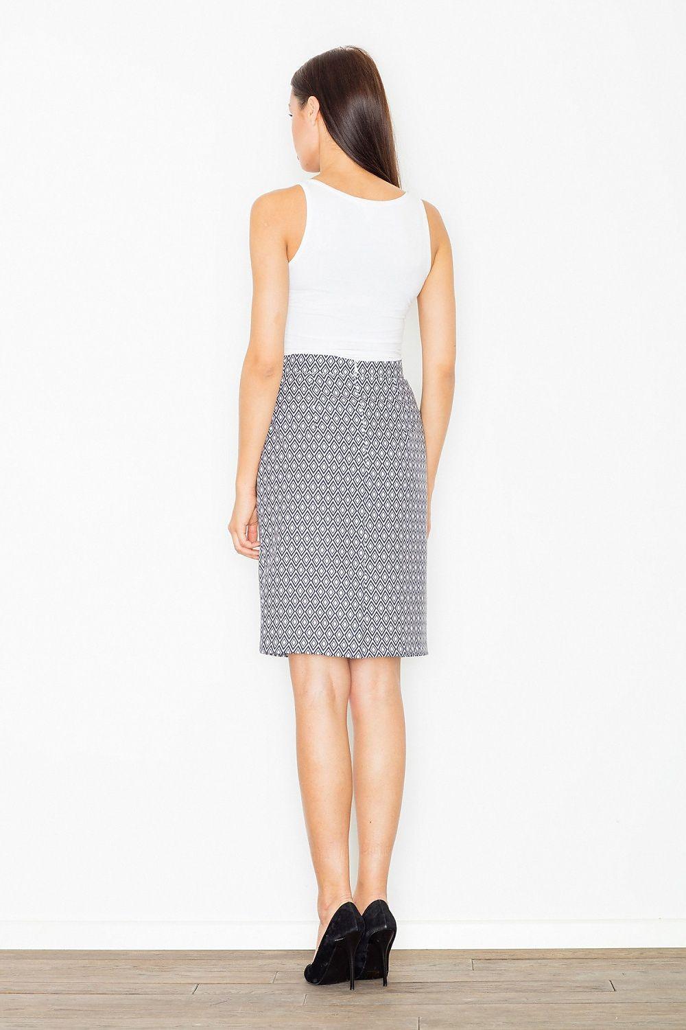 Gray patterned pencil skirt with elastic waist, back view, knee length
