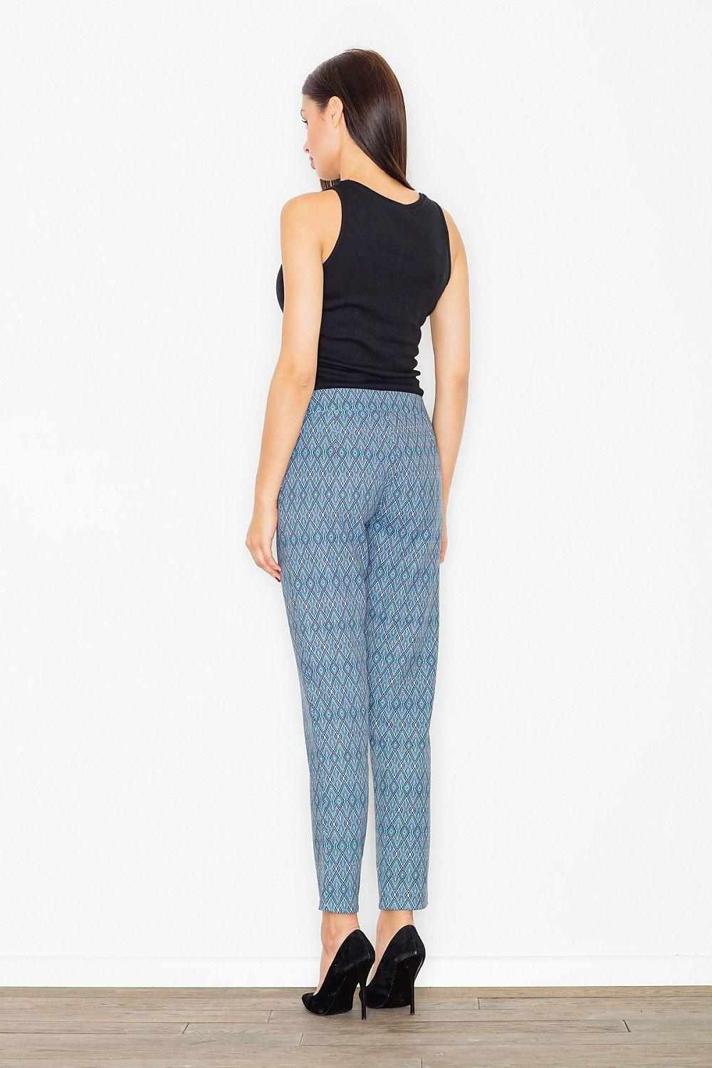 High-waisted trousers with light blue geometric print, rear view straight legs