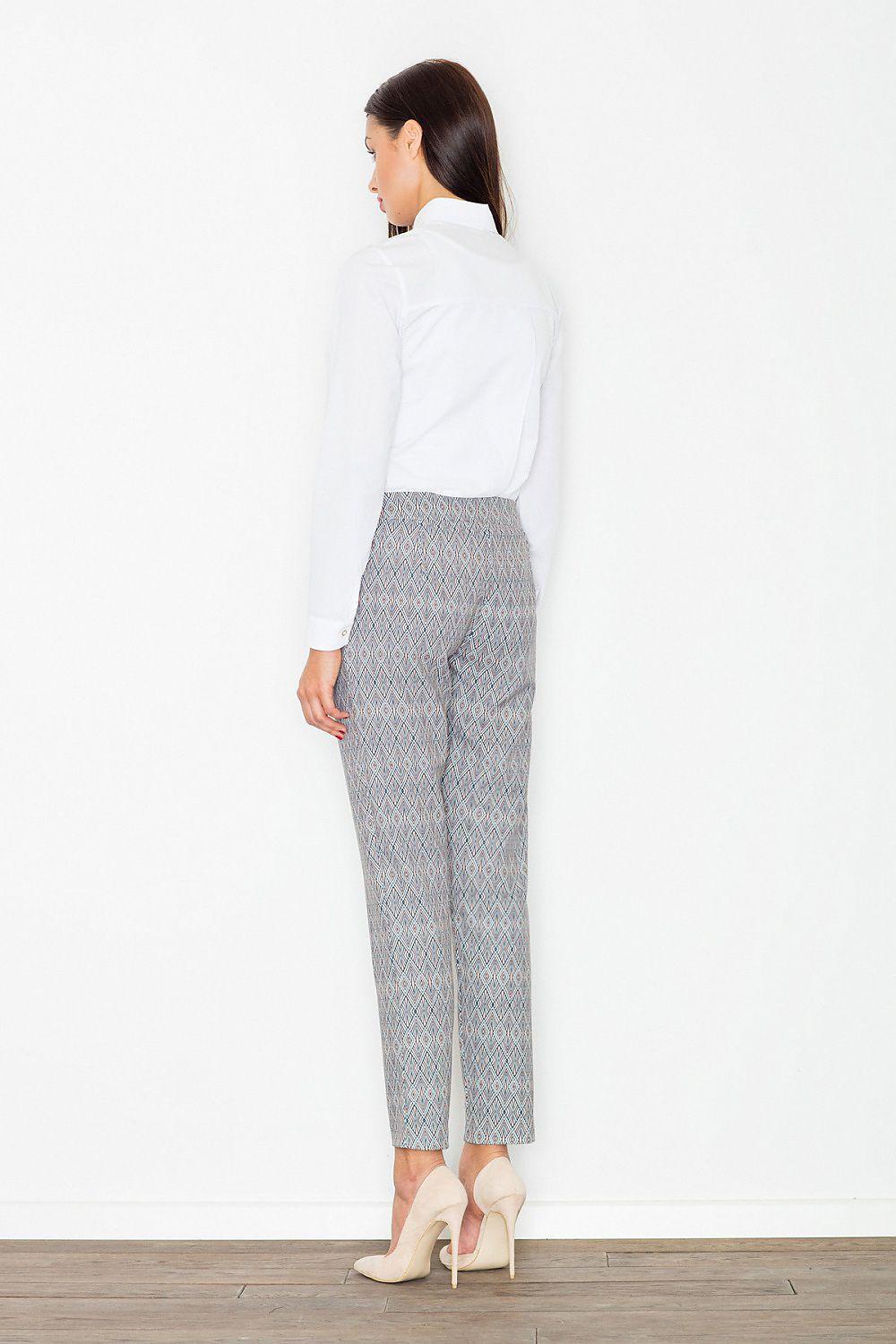High-waisted trousers, light gray geometric diamond pattern, back view, ankle length