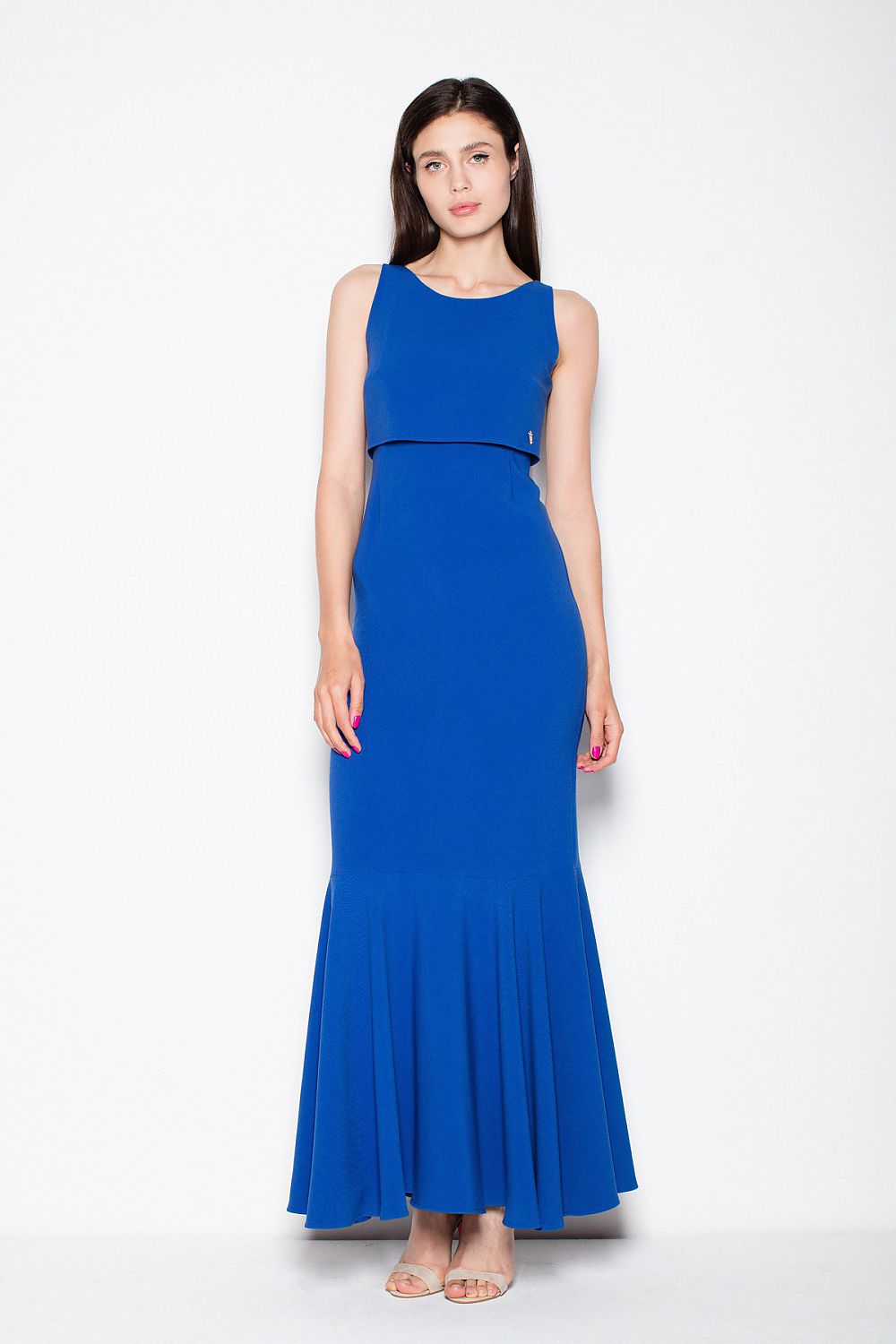 Blue sleeveless maxi dress with round neck, fitted waist and flared widened hem skirt