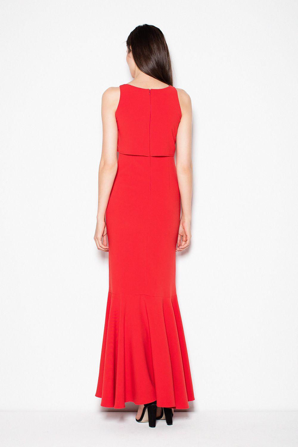 Red sleeveless long dress back view with fitted waist and flared hem