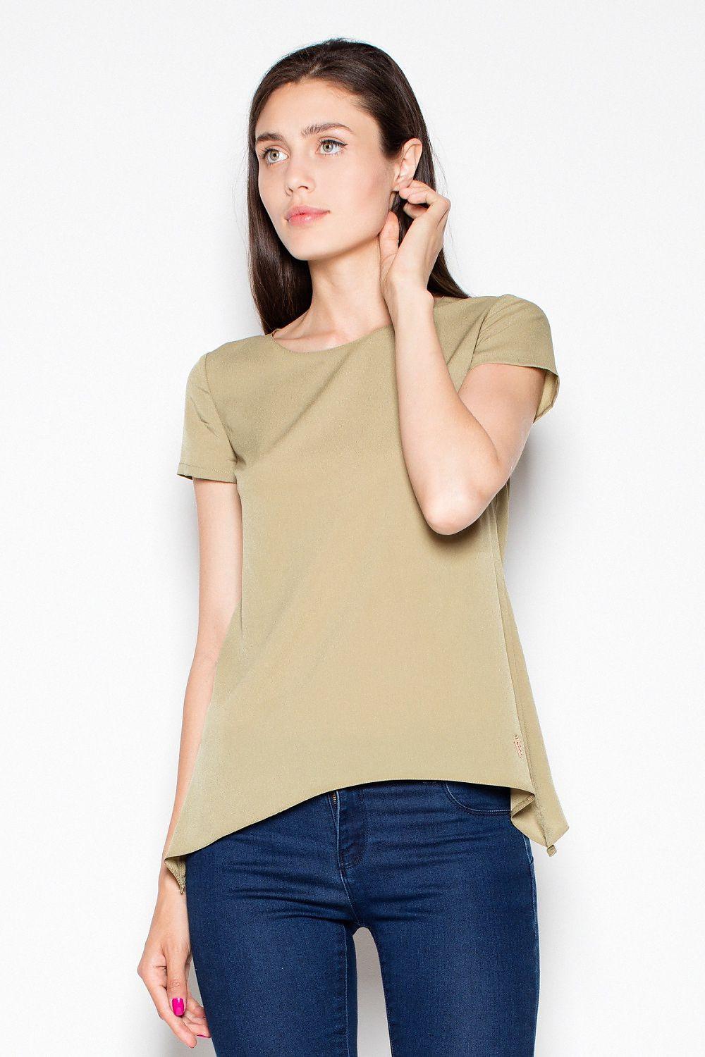 Green short-sleeve blouse with extended side hem and crew neckline