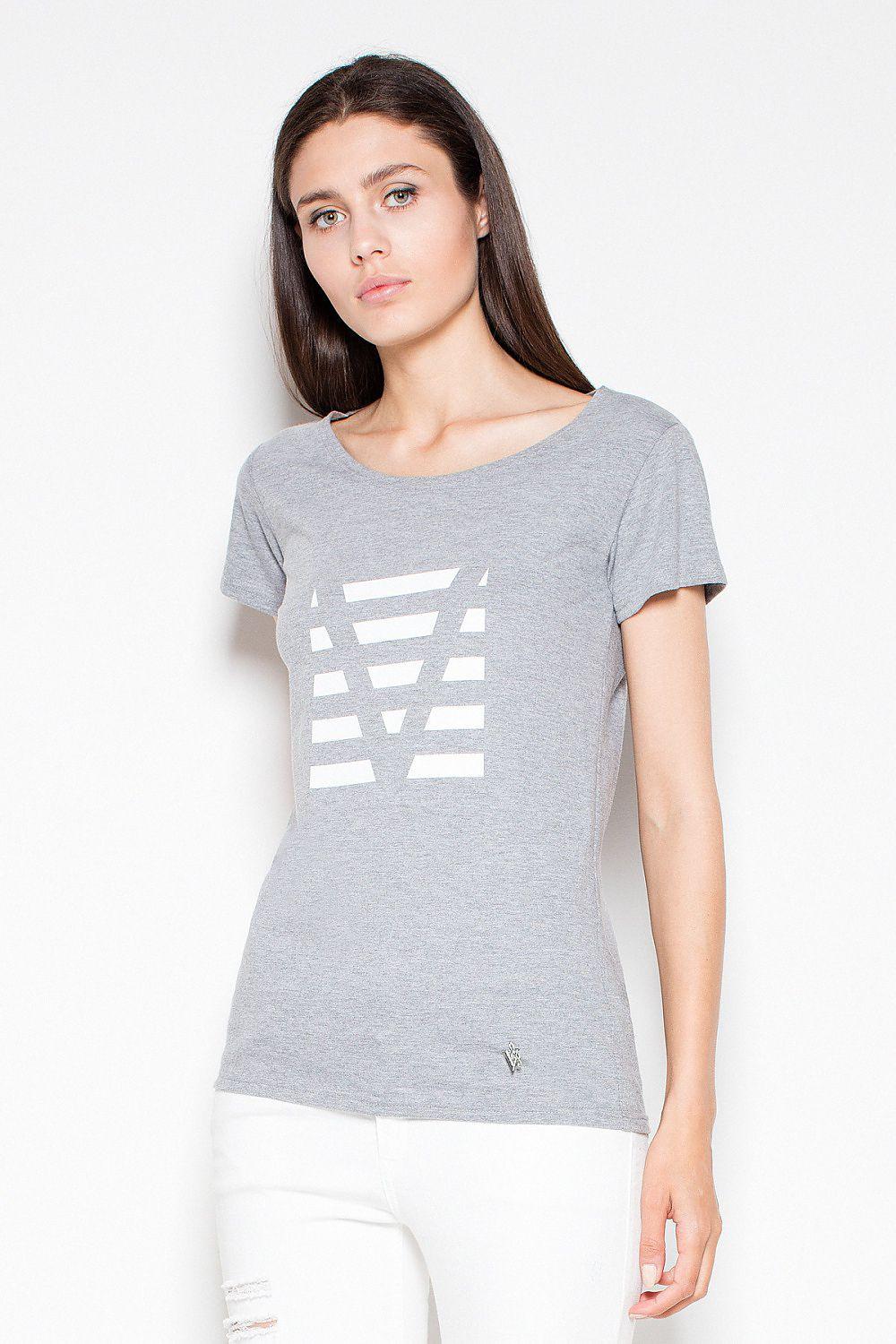 Grey cotton print tee with geometric chest graphic, short sleeves, crew neck