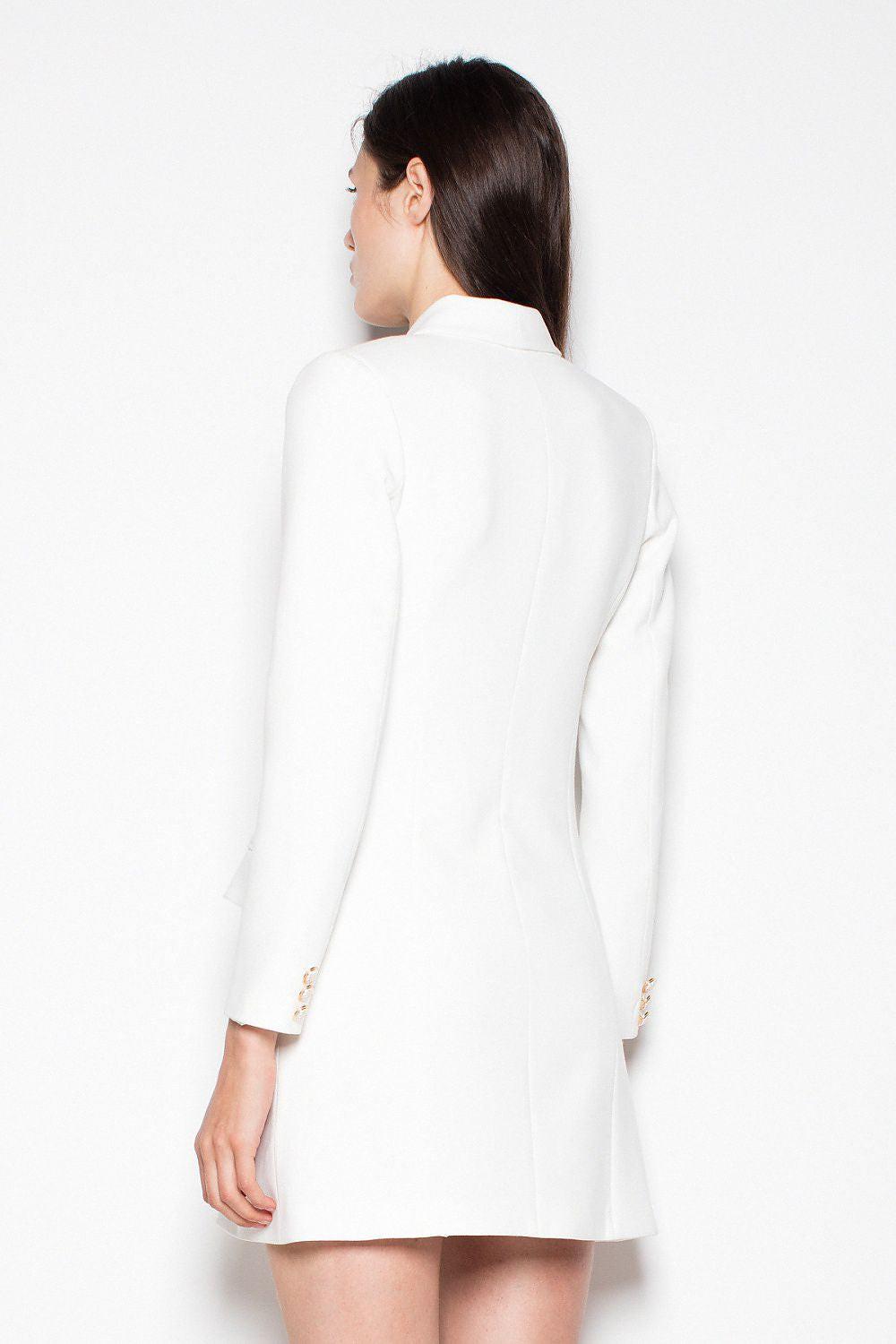 White daydress back view with long sleeves and gold-toned button details, mini length