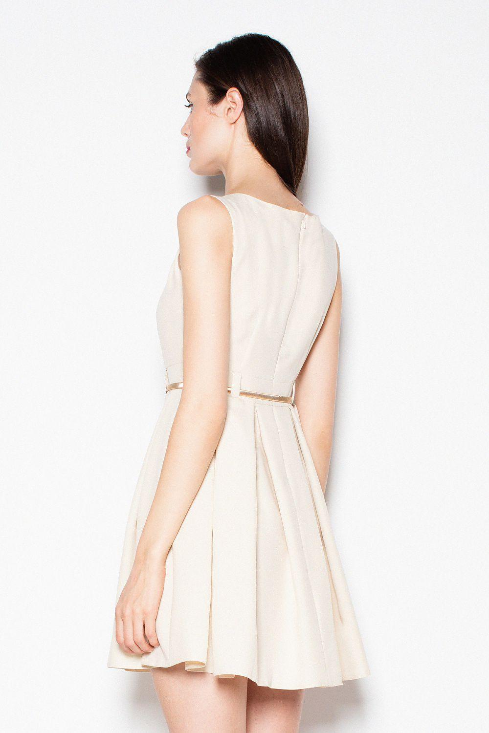 Beige cocktail dress back view, sleeveless with belted waist and flared pleated skirt