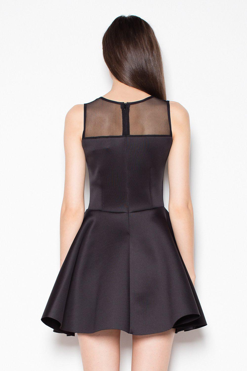 Black evening dress back with sheer panels and V-shaped open back