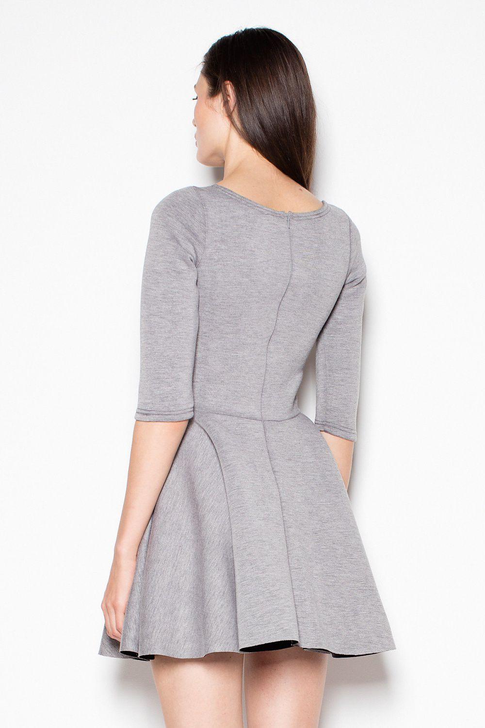 Grey cocktail dress back view, 3/4 sleeves, flared skirt