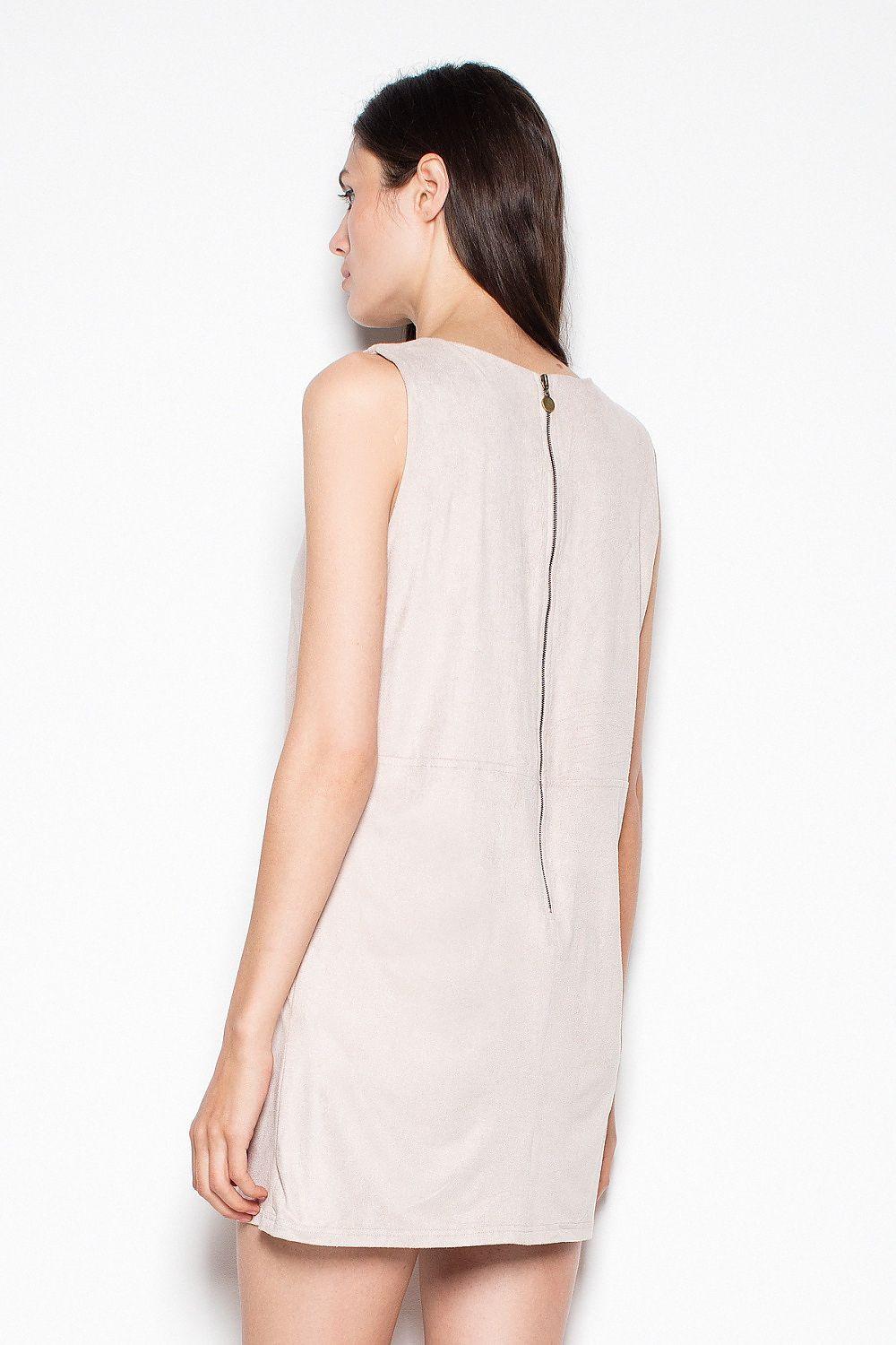 Beige sleeveless daydress, back view, with center back seam line.