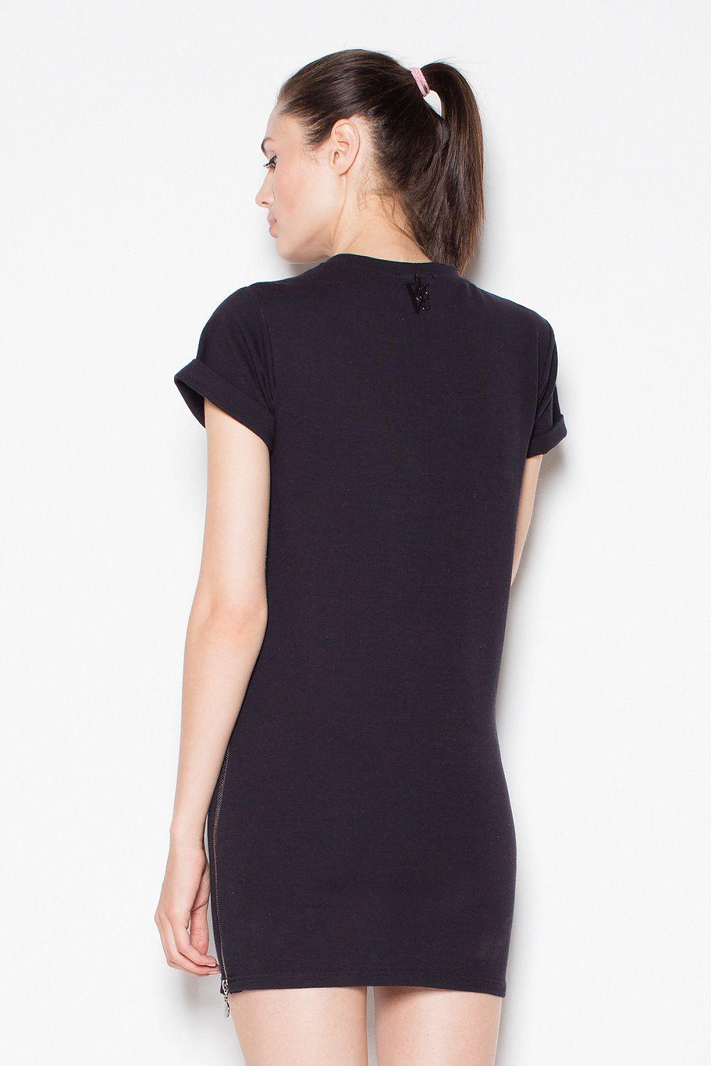 Black short-sleeve daydress, back view with embroidered logo and side zipper at hem