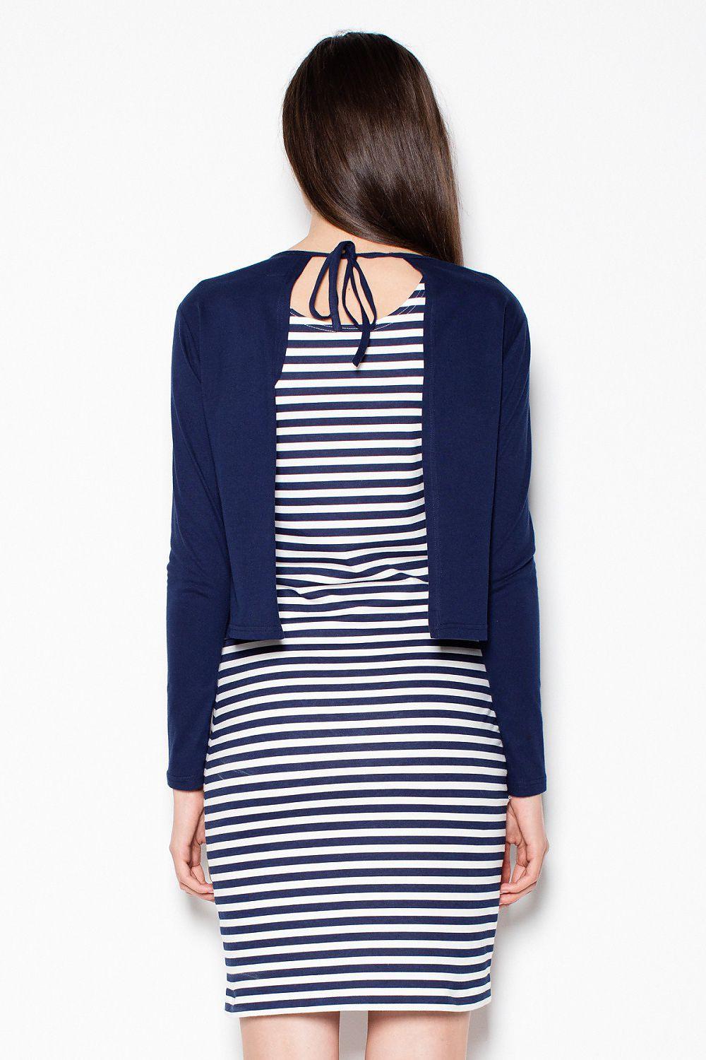 Navy blue and white striped daydress with back lace-up at neckline, fitted body.