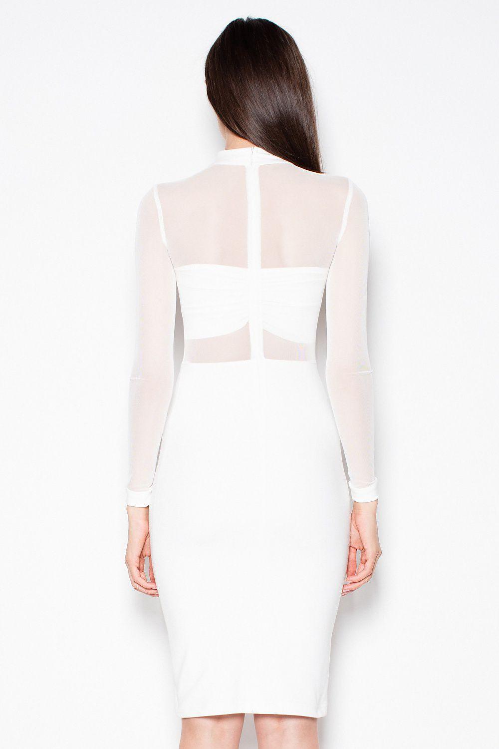 Beige evening dress back view with sheer sleeves and vertical cutout panel