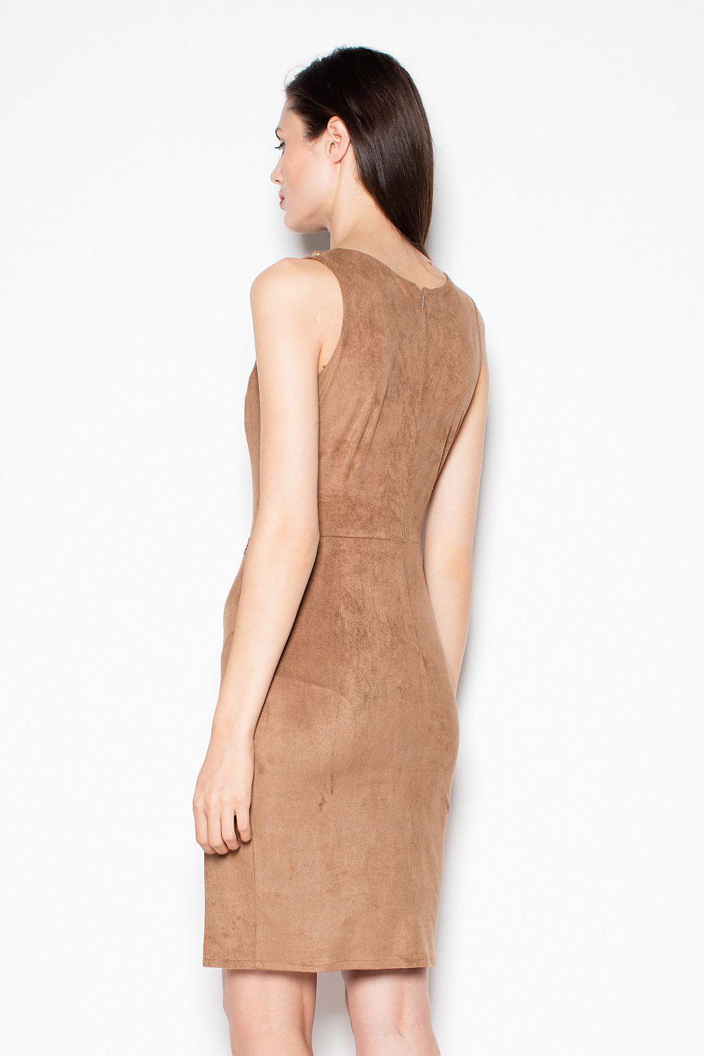 Sleeveless evening sheath dress with beaded neckline and side slit, brown (back).