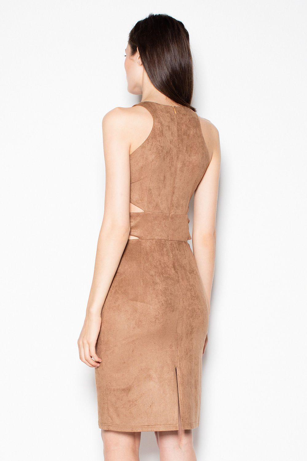 Venaton evening dress, sleeveless brown with open back and tapered waist