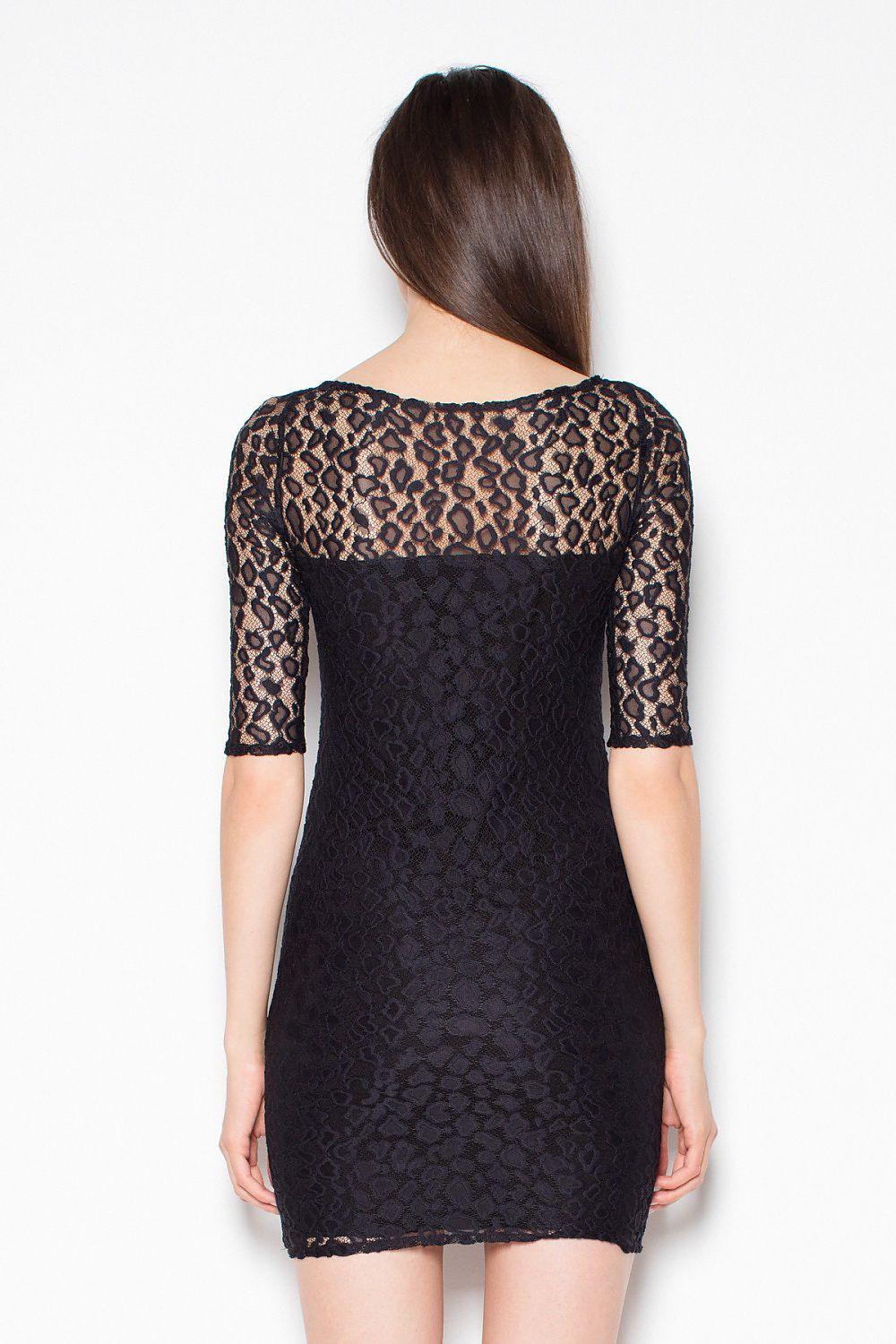 Black lace mini evening dress, back view with 3/4 sleeves and yoke detail