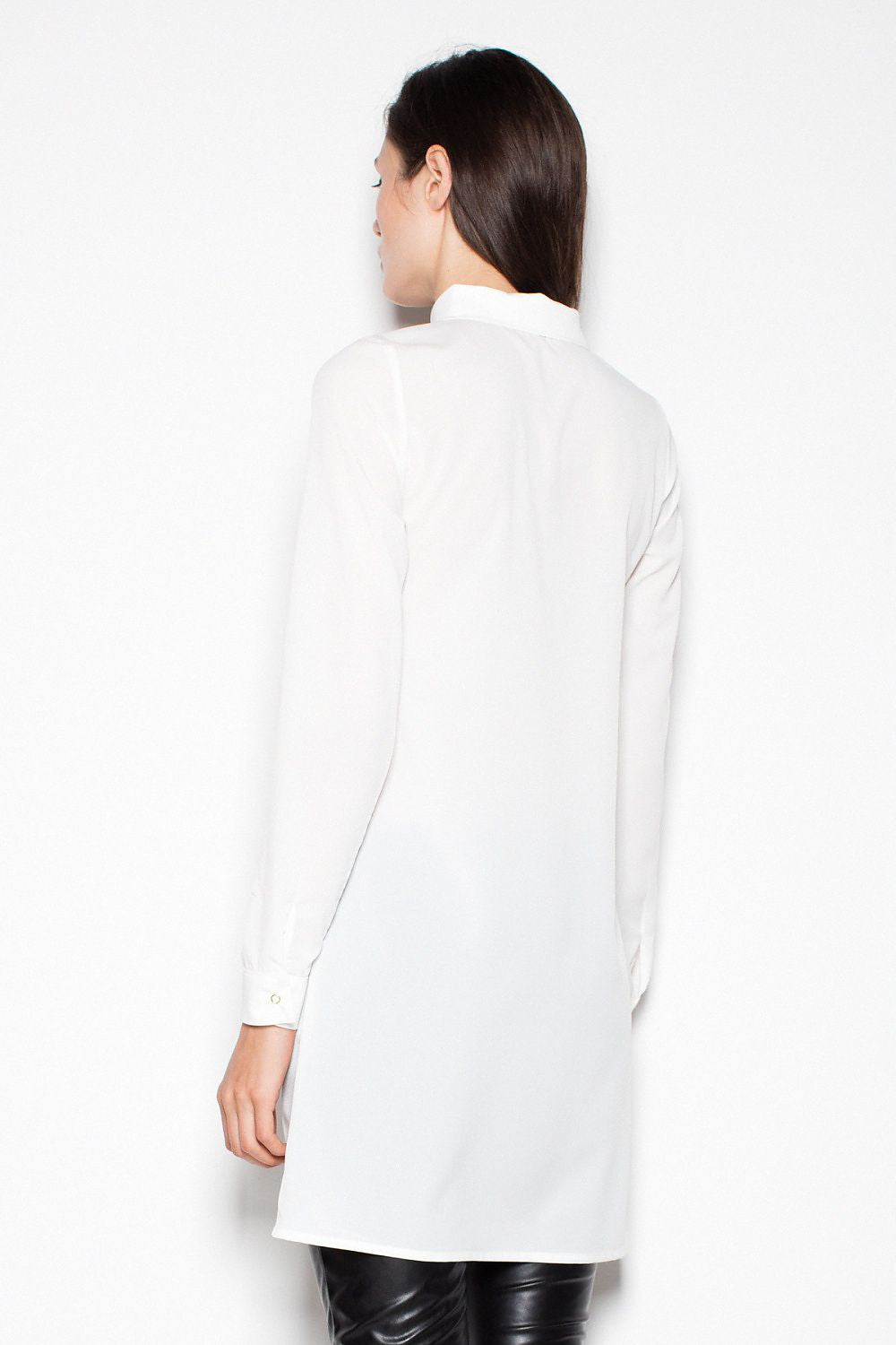 White long-sleeve knit blouse back view with collar and tunic-length hem