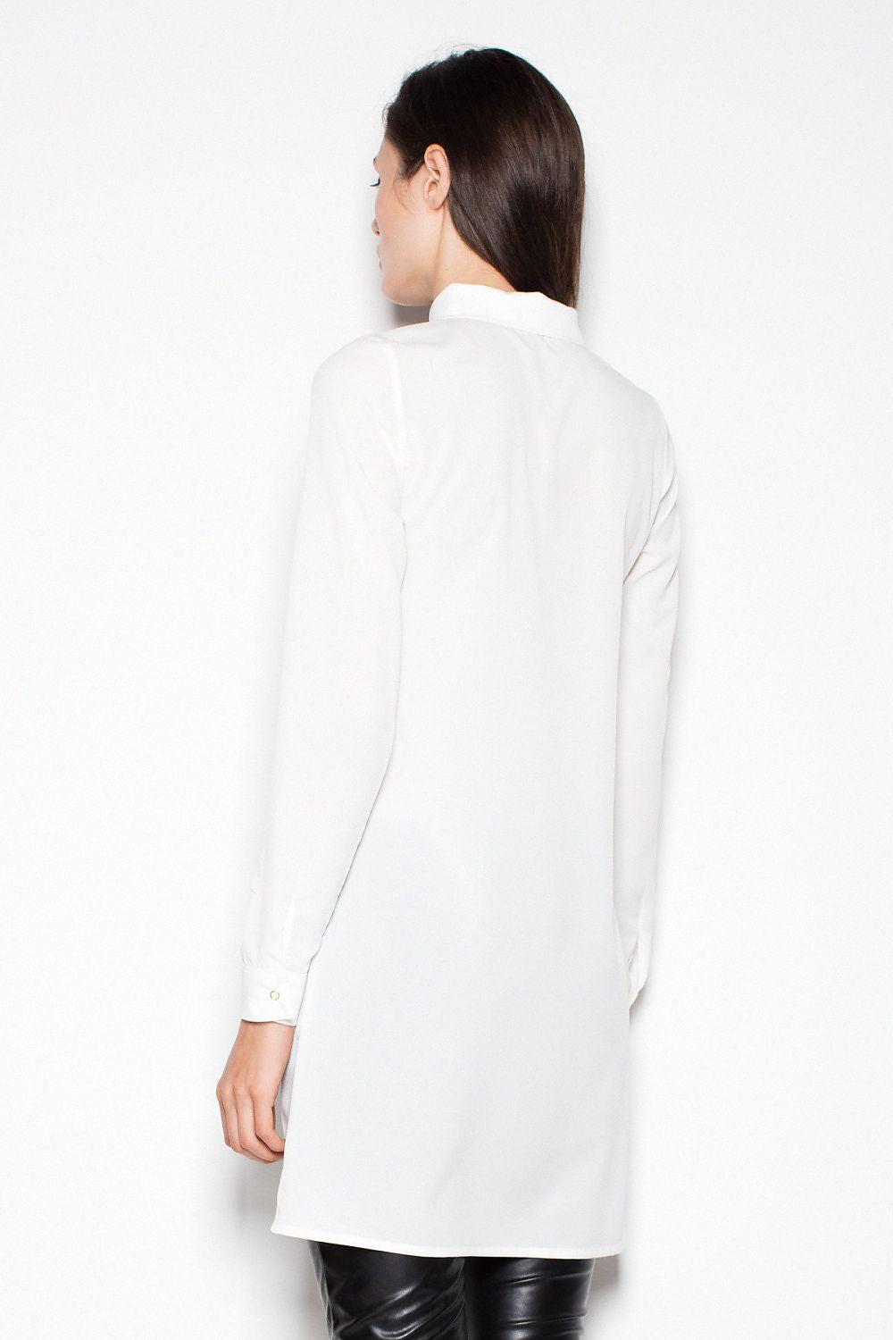 White long-sleeve knit blouse with button-up collar, shown from the back