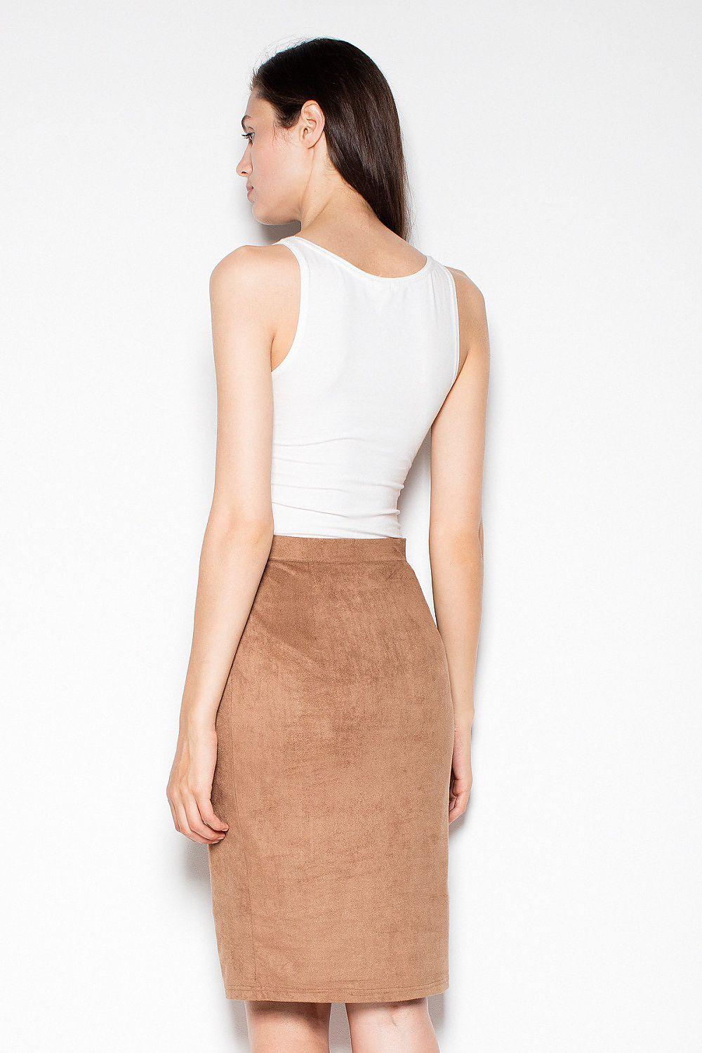 Brown suede midi skirt with fitted pencil silhouette, back view